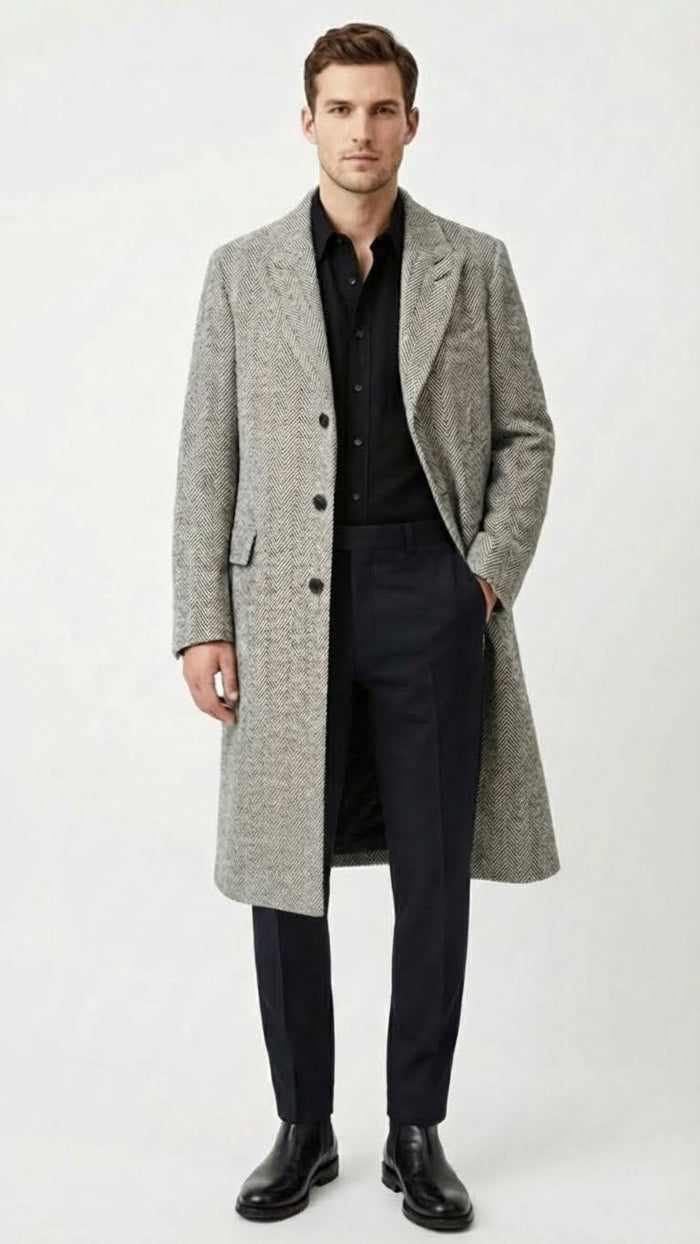 Men’s Grey Herringbone Long Overcoat - Tweed Black and White Pattern Wool Topcoat Three Qaurter USA Men's Outlet