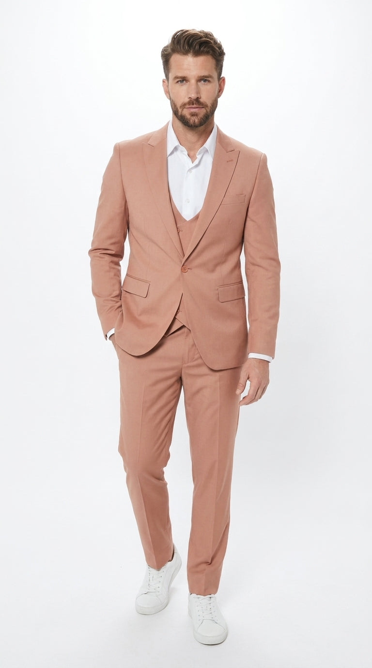 Men’s Peach Light Brown 3 Piece Suit – Wedding & Prom Formal Suit Set, Blazer Pants Double breasted vest – SuitUSA