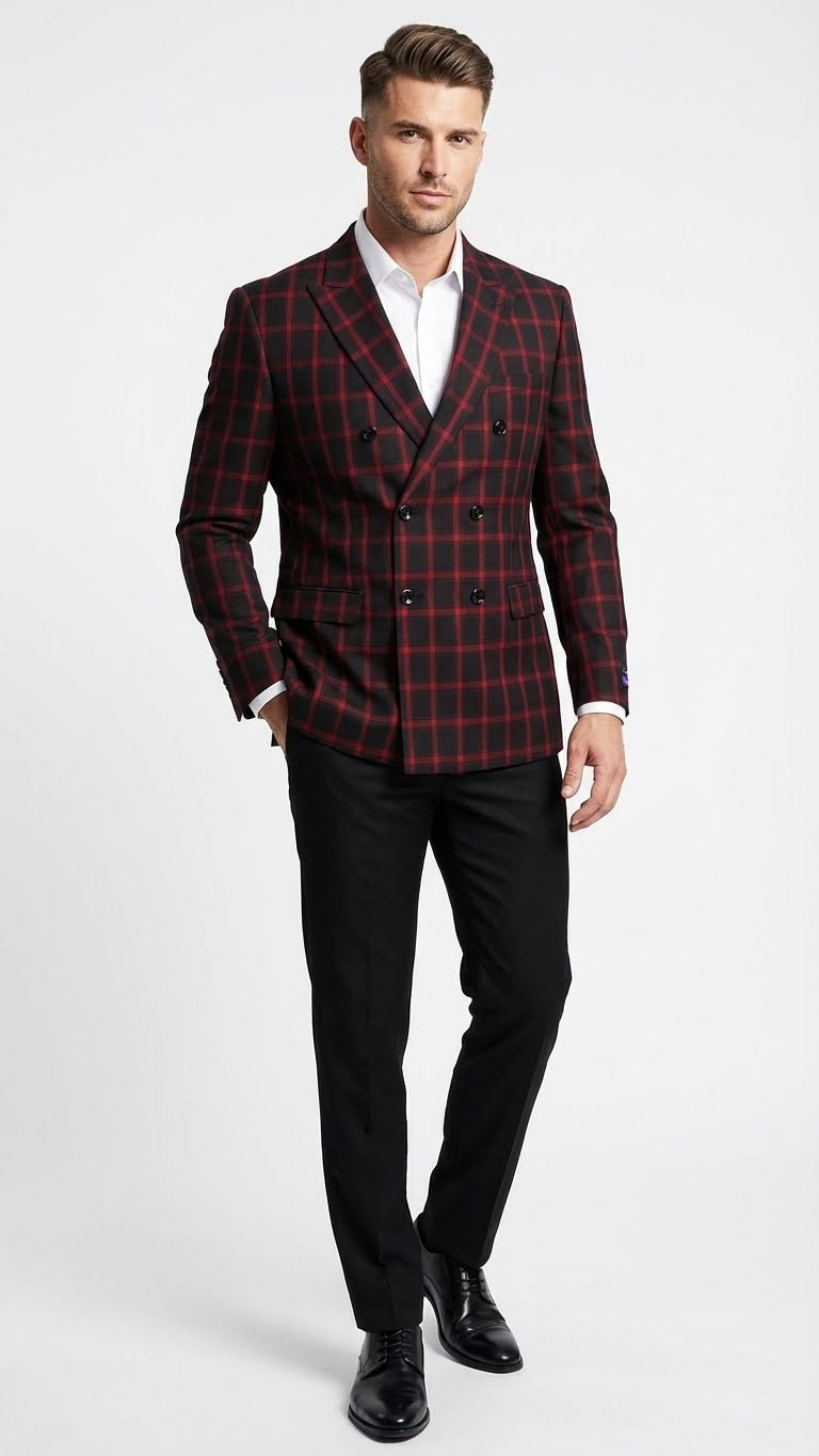 Men’s Black and Red Check Double Breasted Blazer - Sport Coat Jacket Windowpane Sportcoat Slim Fit by USA Men's Outlet