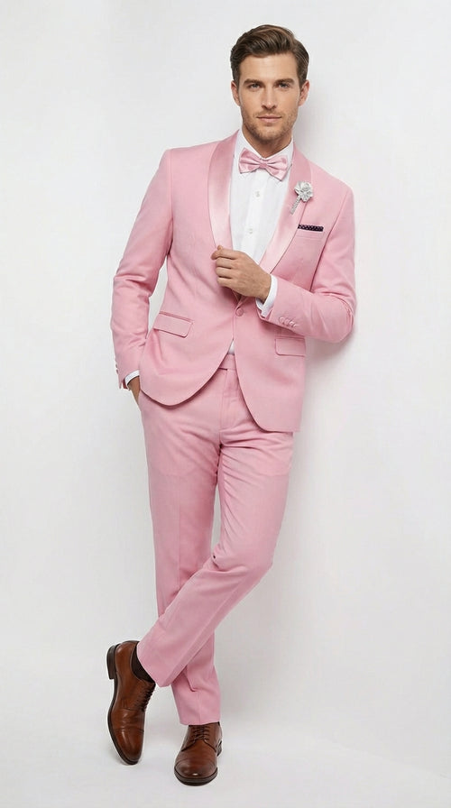 Mens Dusty Rose Pink Summer Tuxedo – Satin Shawl Lapel Formal Wedding Prom Suit