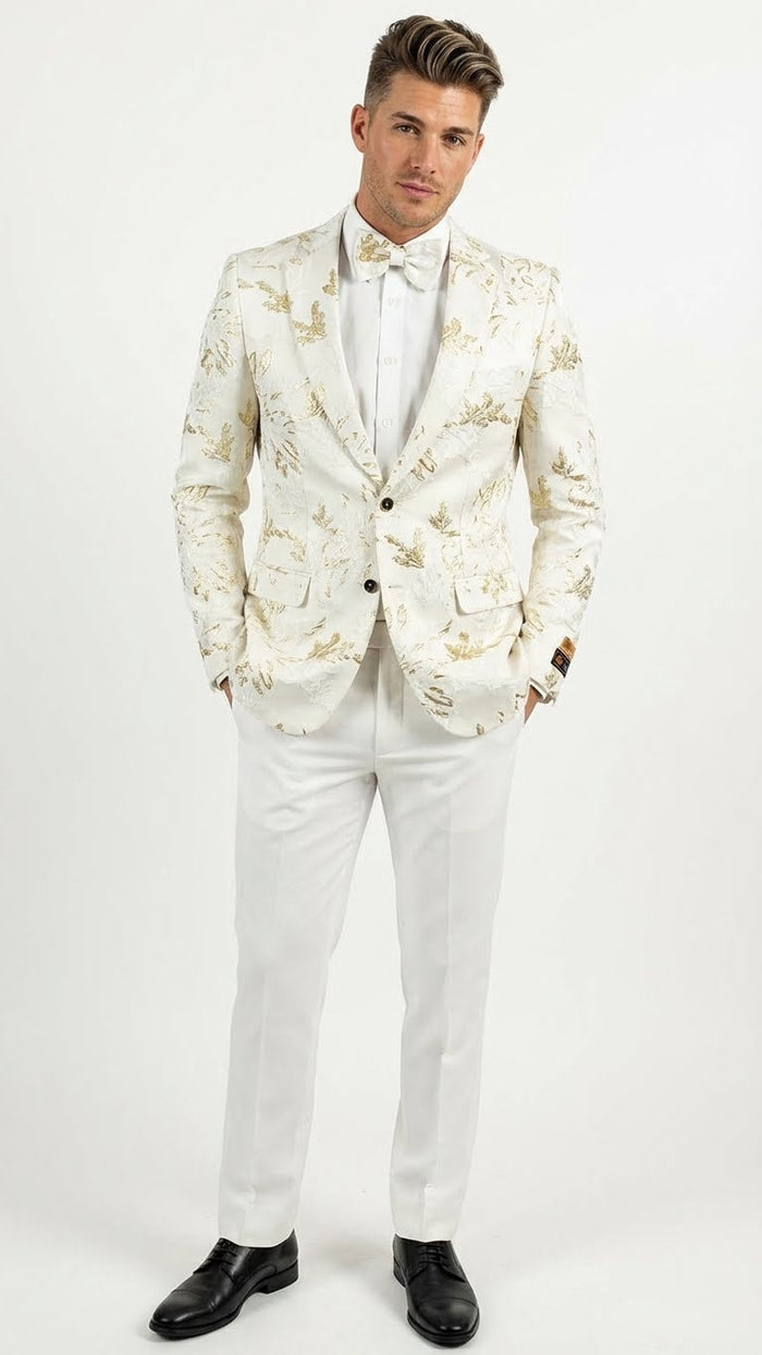 Men’s White and Gold Patterned Blazer - Paisley Floral Pattern Prom Wedding Suit Tuxedo Dinner Jacket + Bowtie by USA Men's Outlet