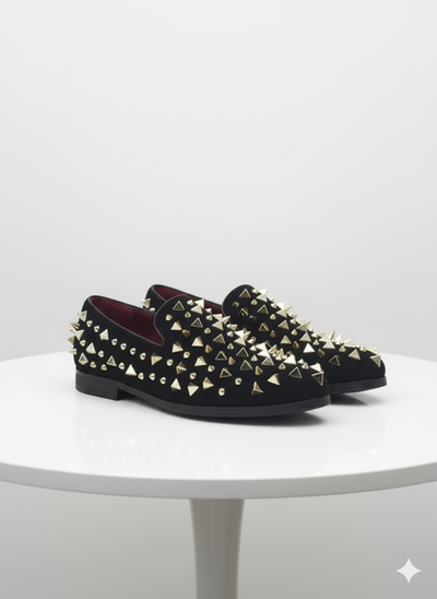 Men’s Studded Velvet Loafers - Designer Party and Prom Dress Shoes with Gold and Silver Spikes by USA Men's Outlet