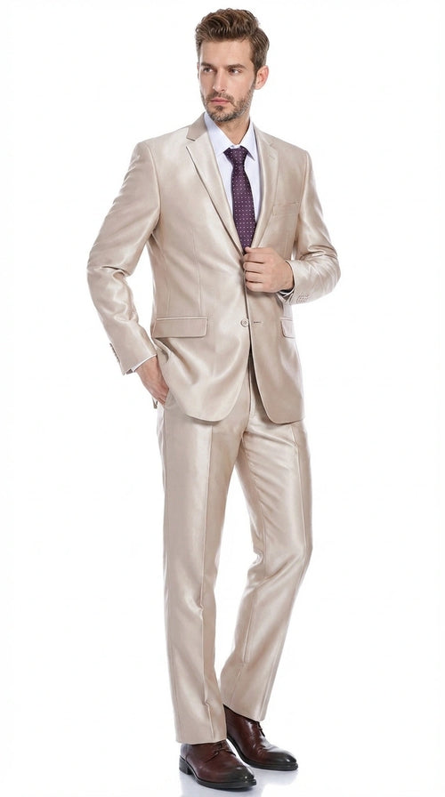 Men’s Champagne Tan Sharkskin 2 Button Suit – Shiny Formal Suit with Optional Vest for Wedding, Prom, Business Beige Color