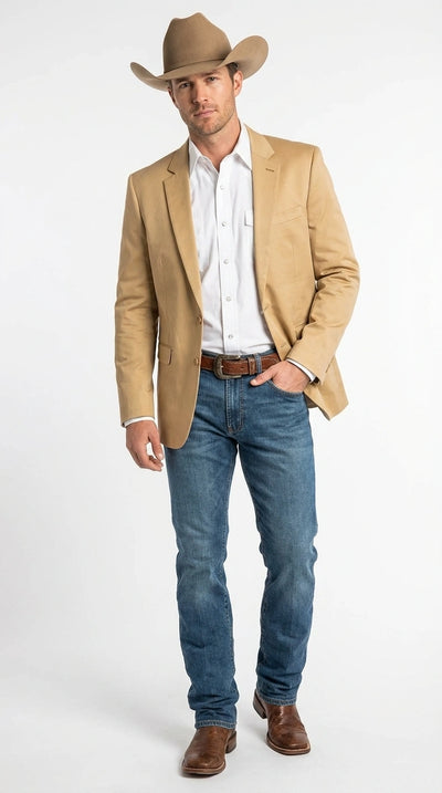 Men’s Tan Camel British khaki Western Blazer – Two Button Classic Casual Sport Coat - Cowboy Country Coat