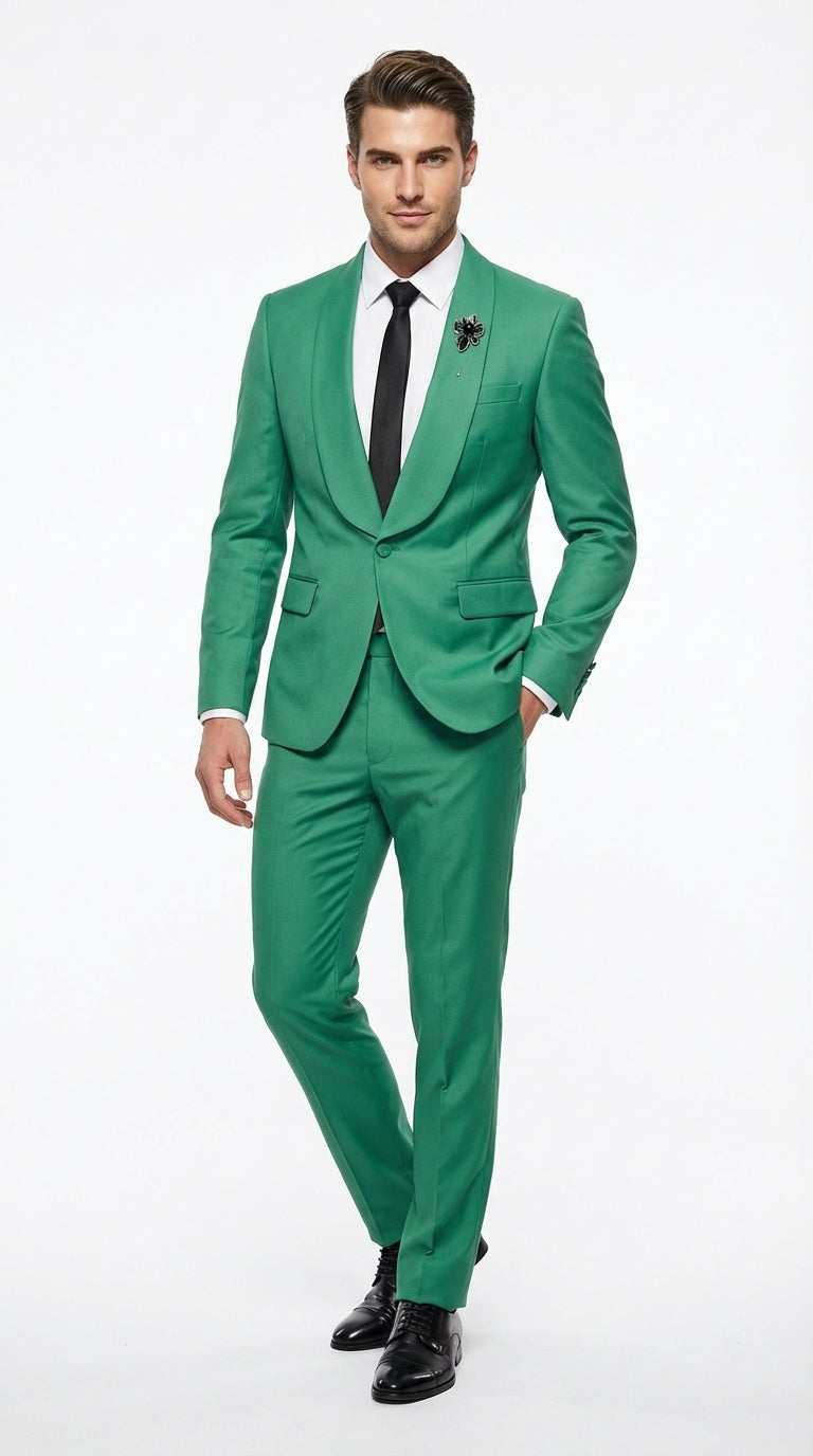 Men’s Emerald Green Tuxedo Suit – Emerald Green Formal Tuxedo with Shawl Lapel Jacket Trousers for Prom, Wedding in Augusta Green – SuitUSA