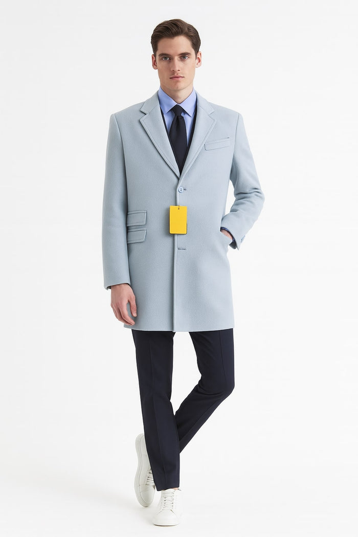 Mens Light Blue Wool Overcoat - Modern Long Coat with Classic Tailored Fit in Sky Blue by USA Men's Outlet