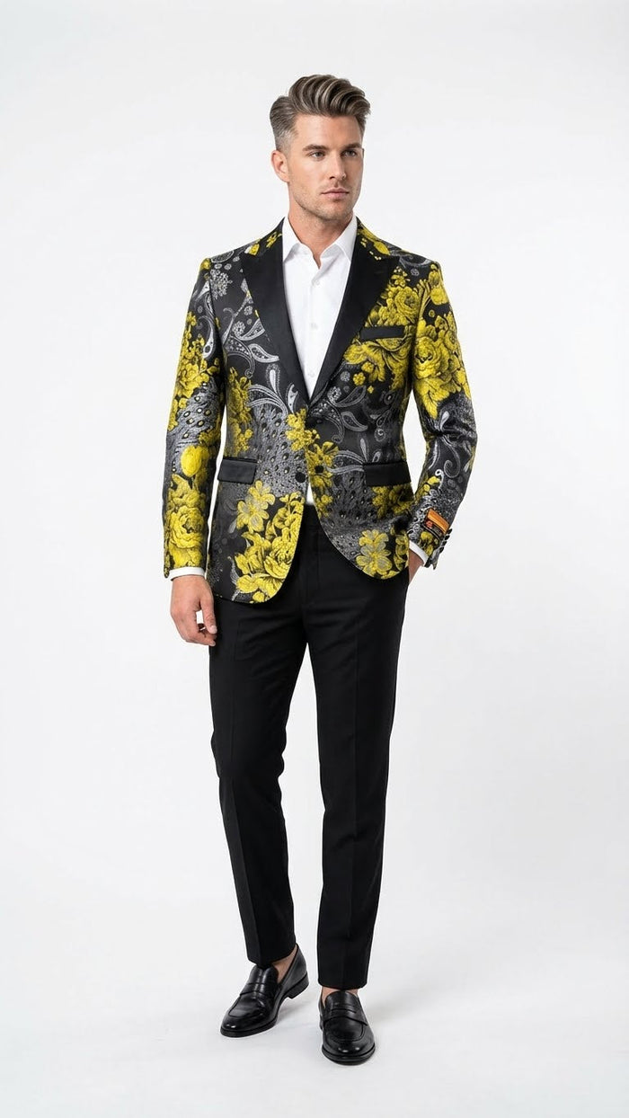 Men’s Yellow Tuxedo Black and Gold Floral Pattern Blazer - Formal Jacket - Prom Dinner Jacket + Black Pants + Bowtie by USA Men's Outlet