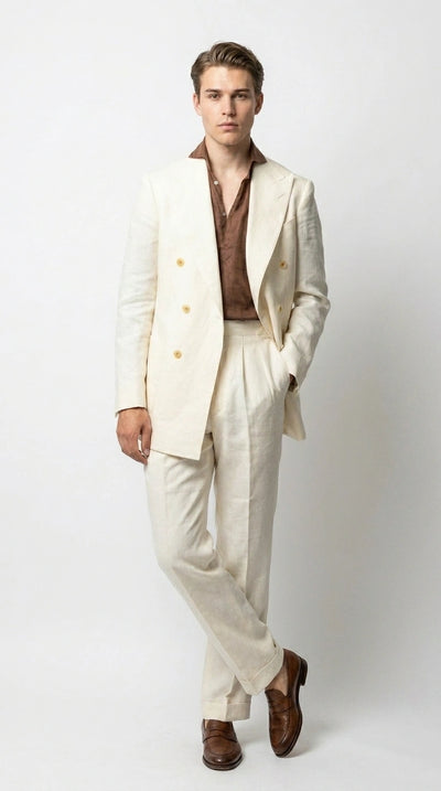 Men’s Off White 70s Style Double Breasted Suit – Vintage Retro Wide Lapel Classic Outfit for Party, Wedding and Casual Fashion Wear