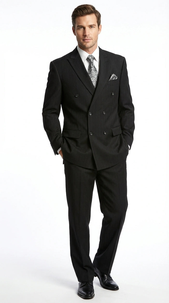 Men’s Black Pinstripe Double Breasted Suit – Peak Lapel Classic Fit Formal Business Conservative settle stripe