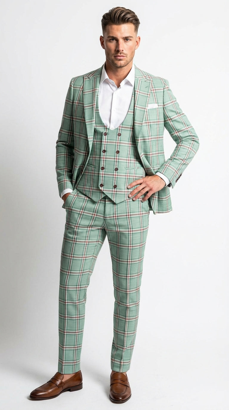 Mint Green Plaid Three Piece Suit for Men | Classic Checkered Formal Suit with Jacket Vest and Pants By Rossiman – SuitUSA