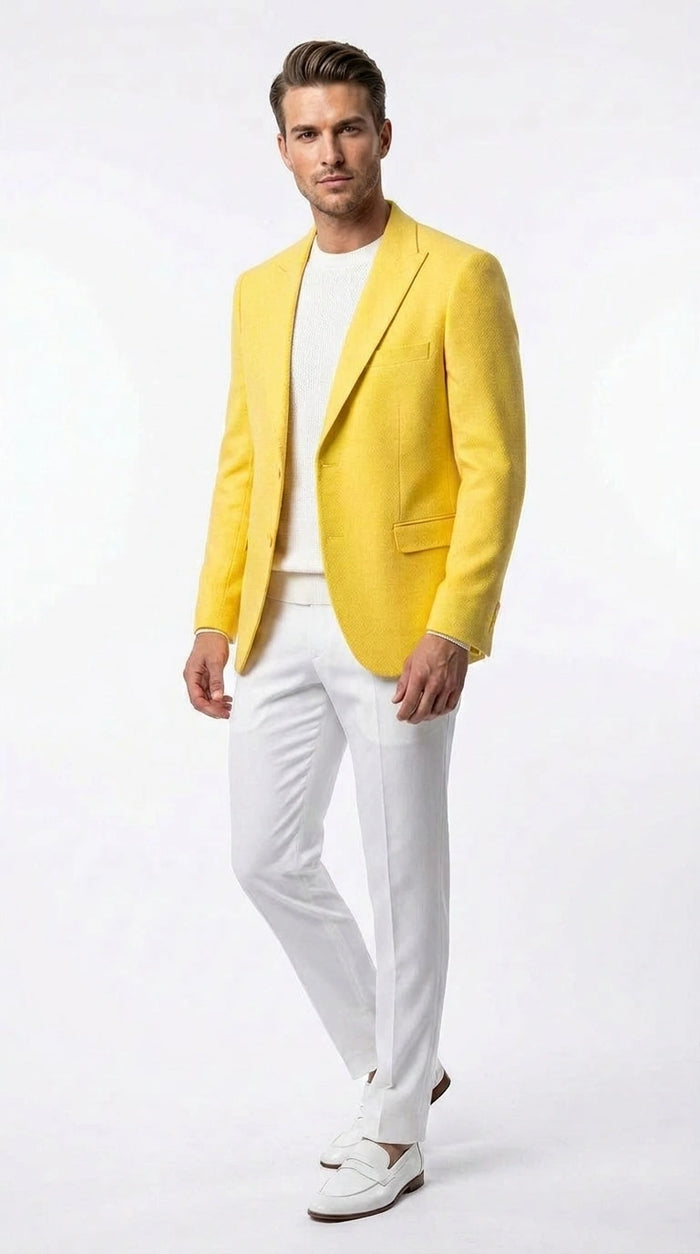 Zacci Brand Men’s Lemon Yellow Blazer Peak Lapel Hopsack Weave – Stylish Formal Blazer Jacket for Wedding, Party, Prom and Smart Casual Wear