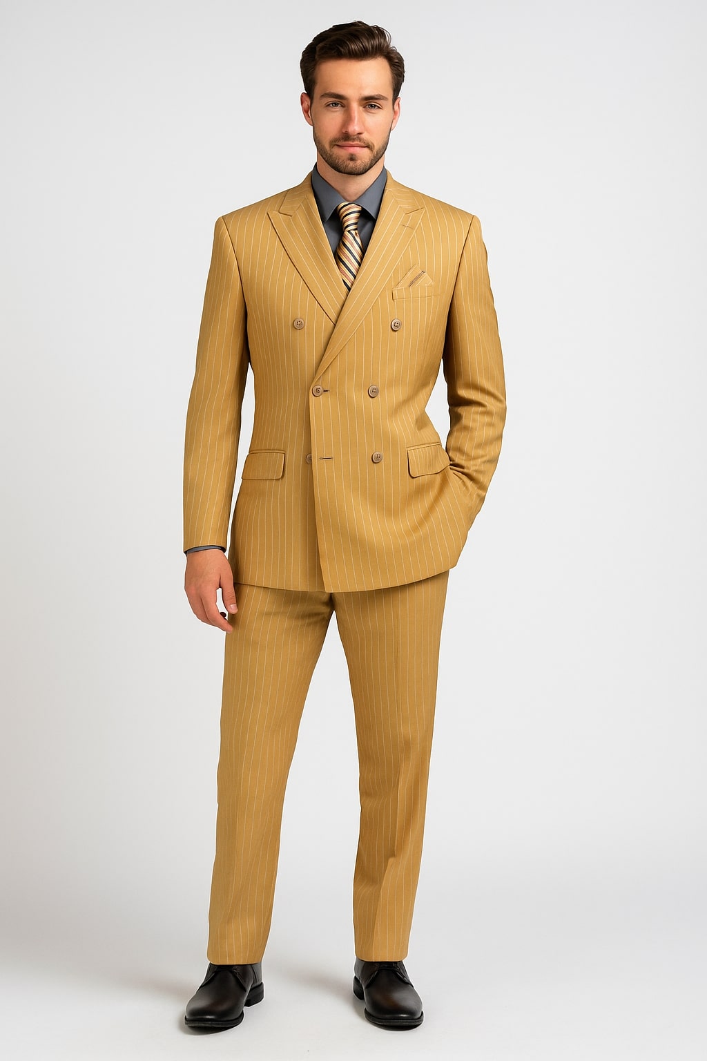 Mens Camel Tan Pinstripe Double-Breasted Suit – Bold 6-Button Modern Vintage Style