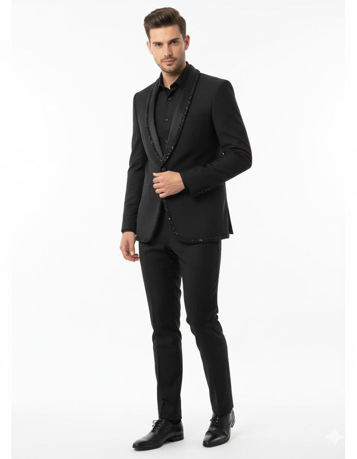 Mens Classic Black Designer Tuxedo Suit with Beaded Lapel - Elegant Formal and Party Wear Jacket and Pants USA Men's Outlet