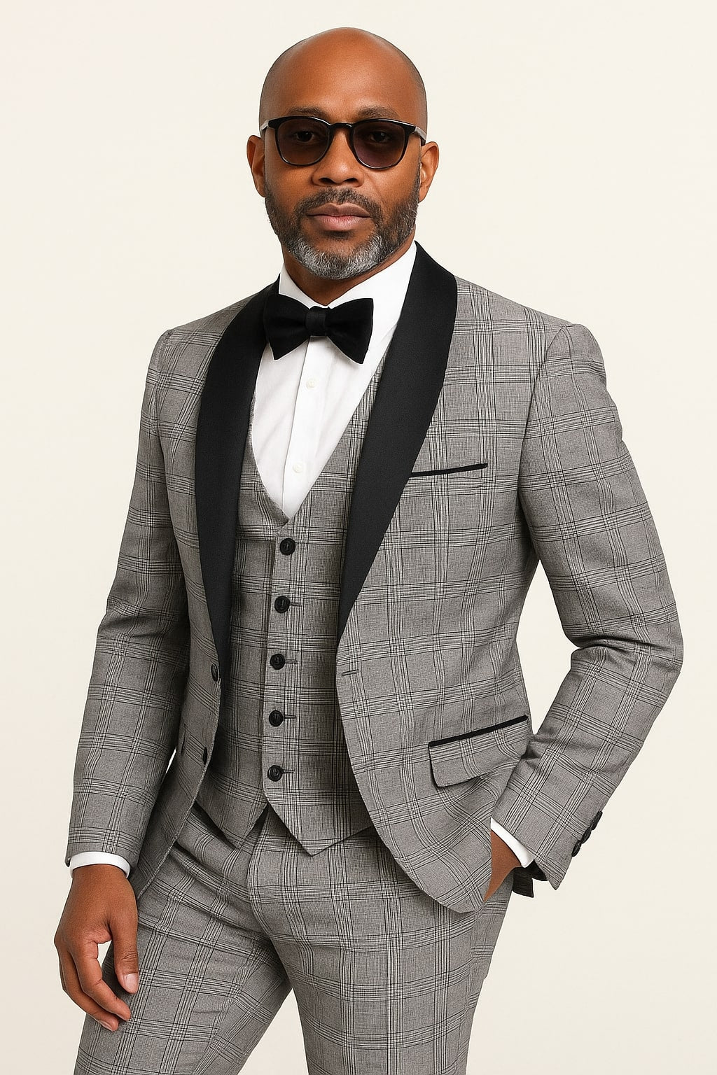 Men's Black Plaid Tuxedo – 3 Piece Suit with Black Velvet Shawl Lapel - Gray Glein Tartan Pattern Wedding Suit