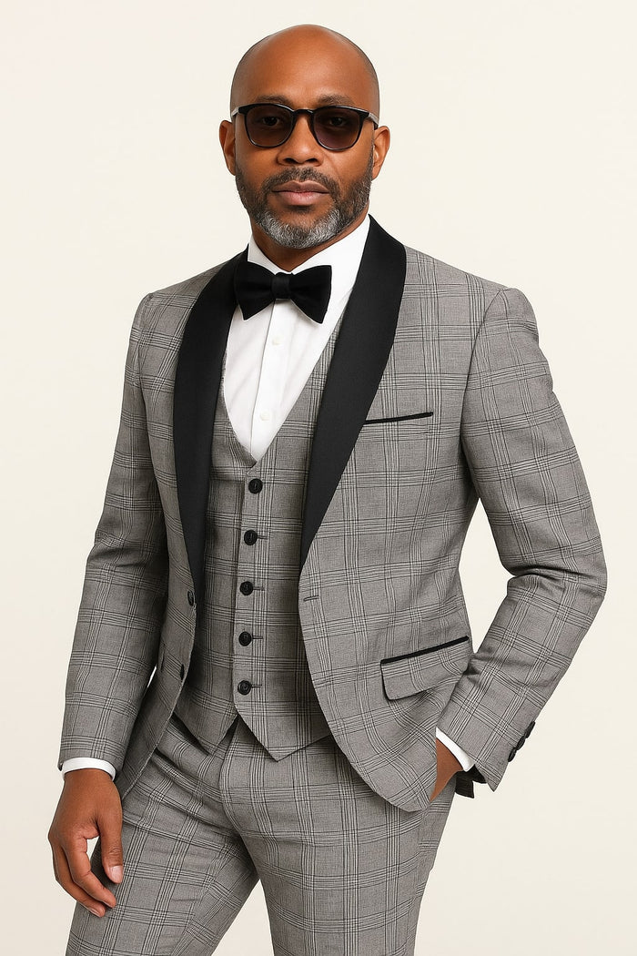 Men's Black and White Plaid Tuxedo - 3 Piece Suit with Black Velvet Shawl Lapel - Gray Glein Tartan Pattern Wedding Suit - USA Men's Outlet