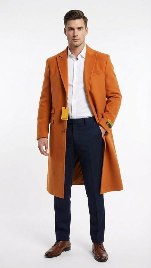 Men’s Orange - Rust Wool Blend Long Overcoat - Topcoat Carcoat Topcoat by USA Men's Outlet