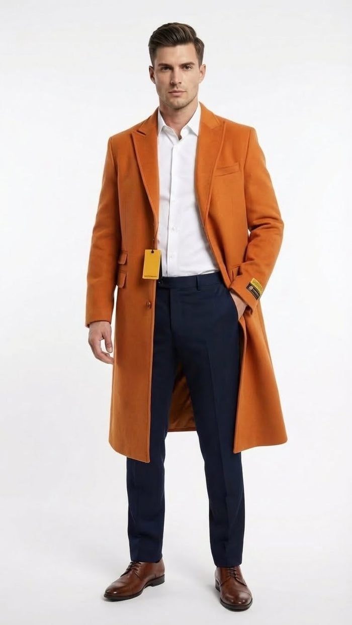 Men’s Orange - Rust Wool Blend Long Overcoat - Topcoat Carcoat Topcoat by USA Men's Outlet