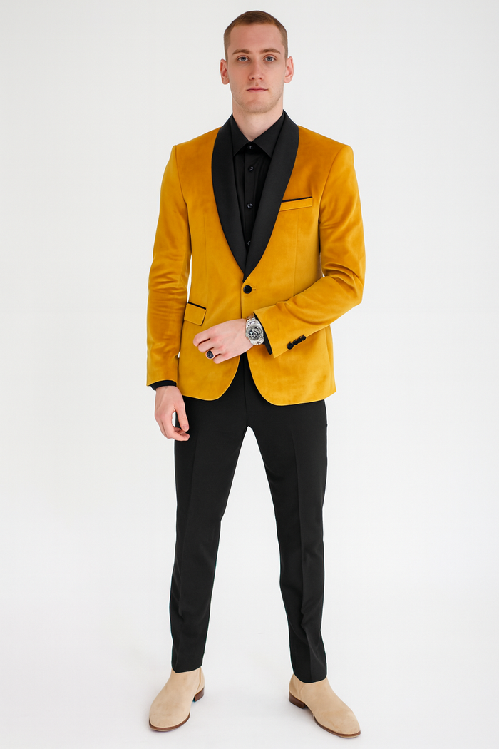 Men’s Mustard Gold Velvet Tuxedo Jacket - Slim Fit Dinner Blazer with Black Satin Shawl Lapel + Free Black Pants & Bowtie by USA Men's Outlet