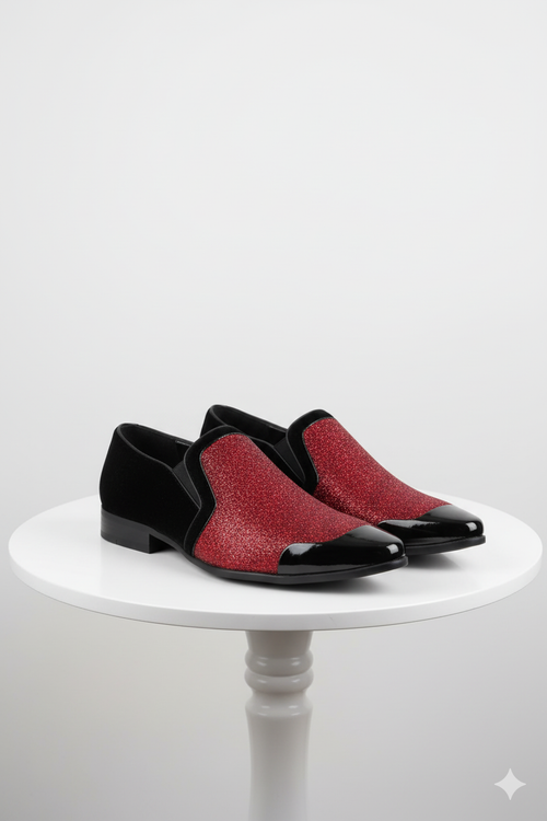 Men’s Red Glitter Tuxedo Loafers - Shiny Slip-On Dress Shoes with Black Patent Toe for Parties and Formal Events - USA Men's Outlet