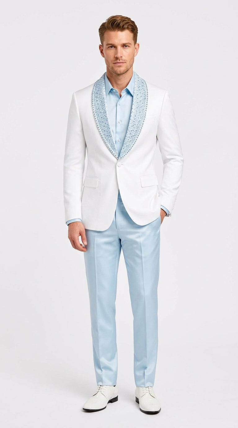 Men’s White & Sky Blue Tuxedo Suit with Embellished Shawl Lapel – Prom & Wedding in light baby poweder blue color
