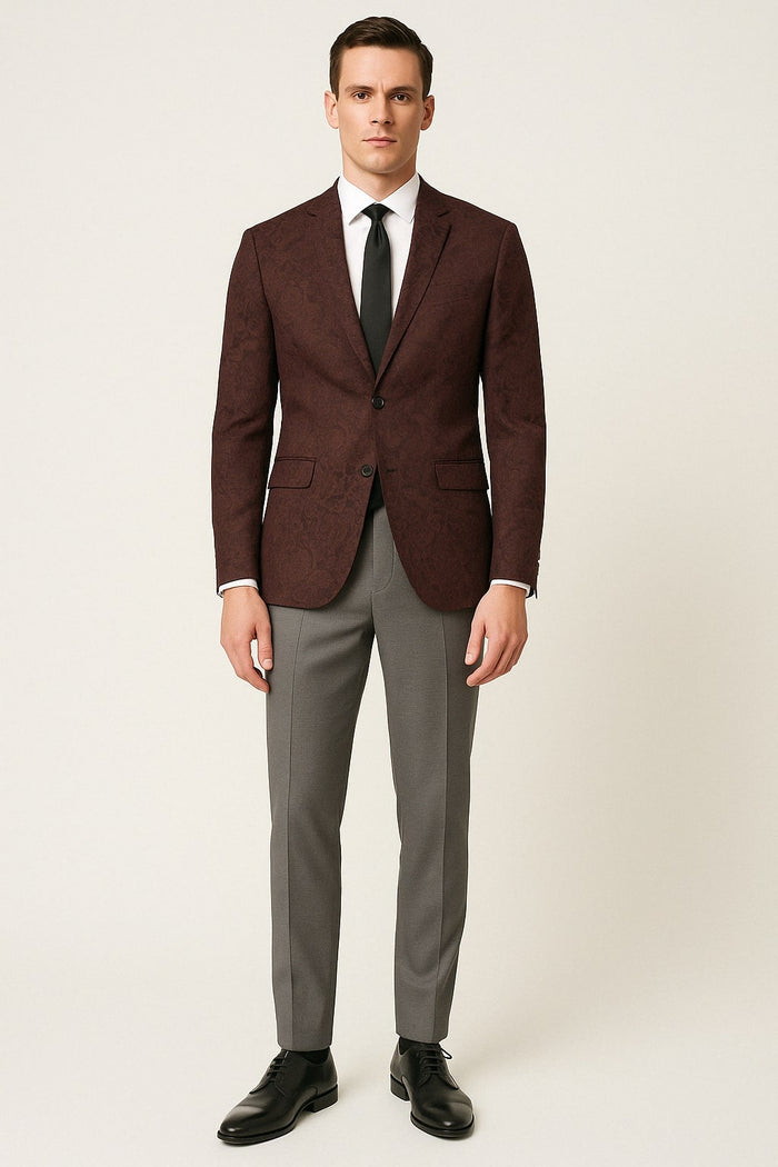 Mens Burgundy and Black Paisley Tuxedo Blazer - Slim Fit Formal Dinner Jacket by USA Men's Outlet