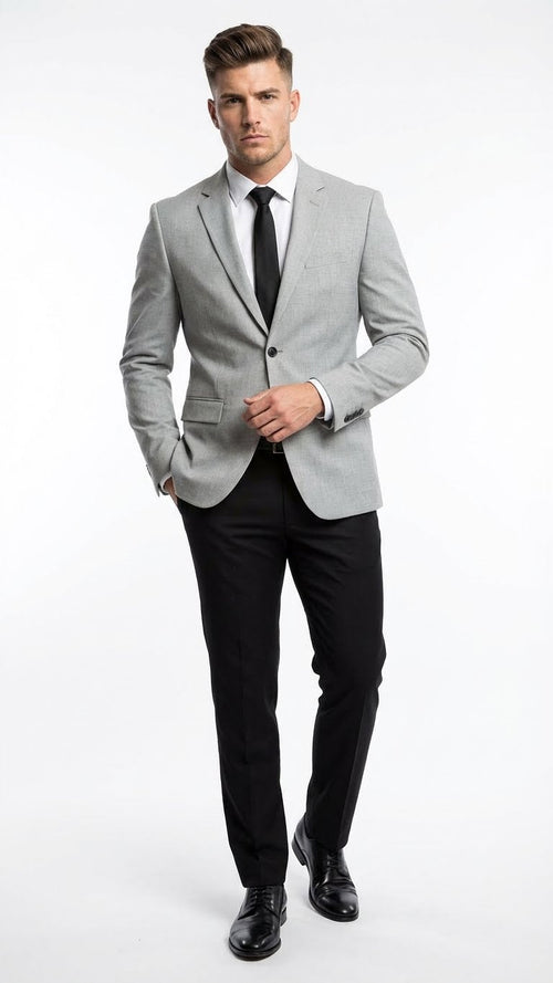 Men’s Light Grey Slim Fit Blazer Sport Coat with Black Pants - Premium Formal and Smart Casual Outfit by USA Men's Outlet