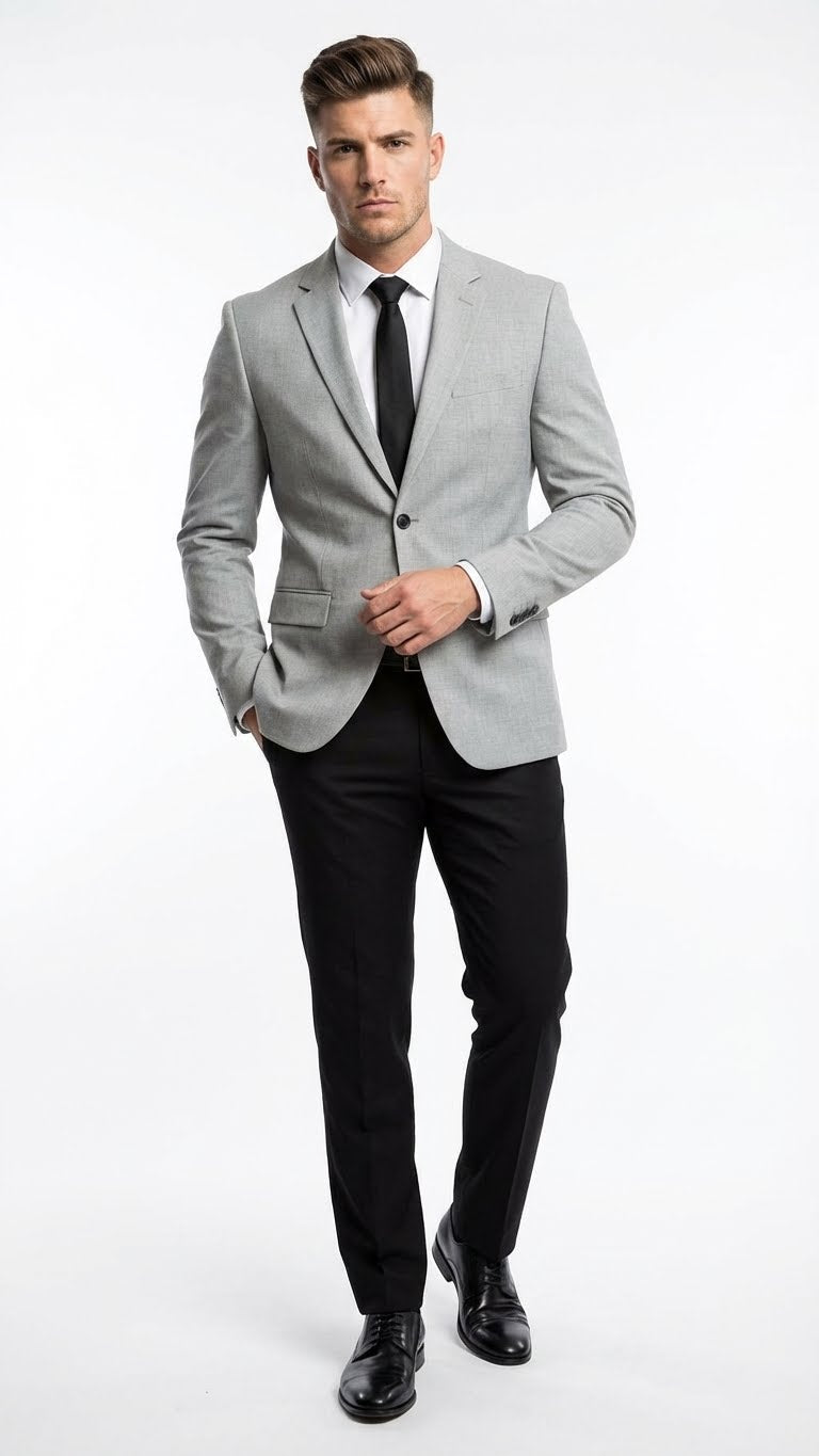 Men’s Light Grey Slim Fit Blazer Sport Coat with Black Pants - Premium Formal and Smart Casual Outfit by USA Men's Outlet