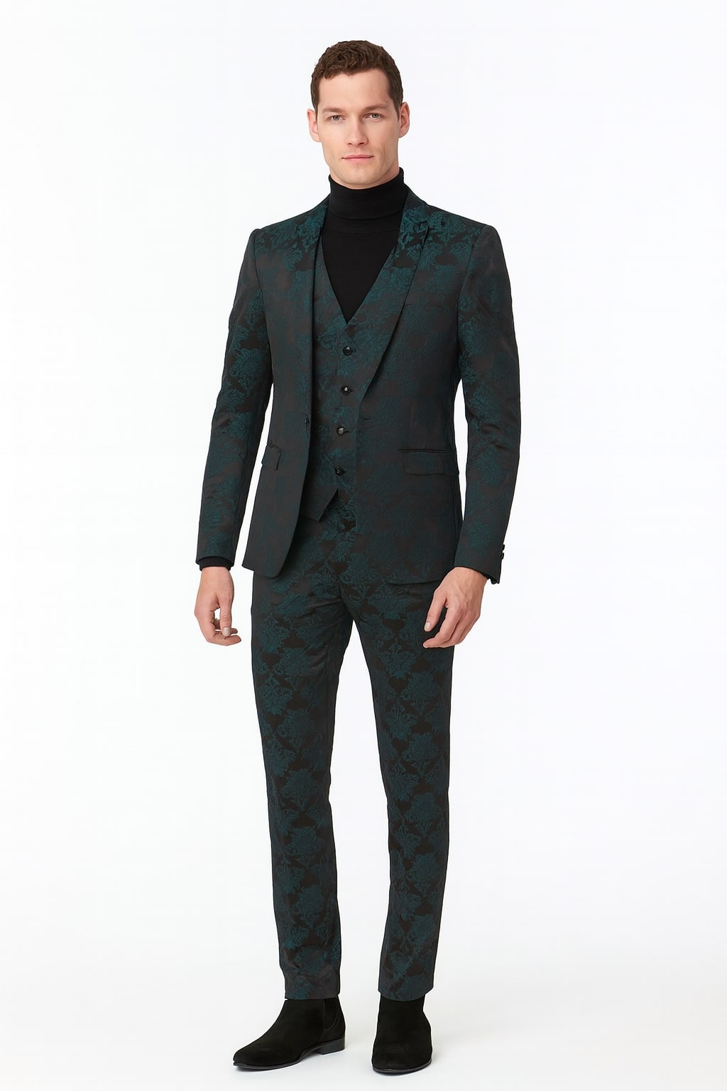 Men’s Emerald Green Floral Jacquard 3-Piece Tuxedo Suits – Slim Fit Formal Set with Blazer, Vest, and Pants Paisley Fabric - Ultra slim fitted – SuitUSA