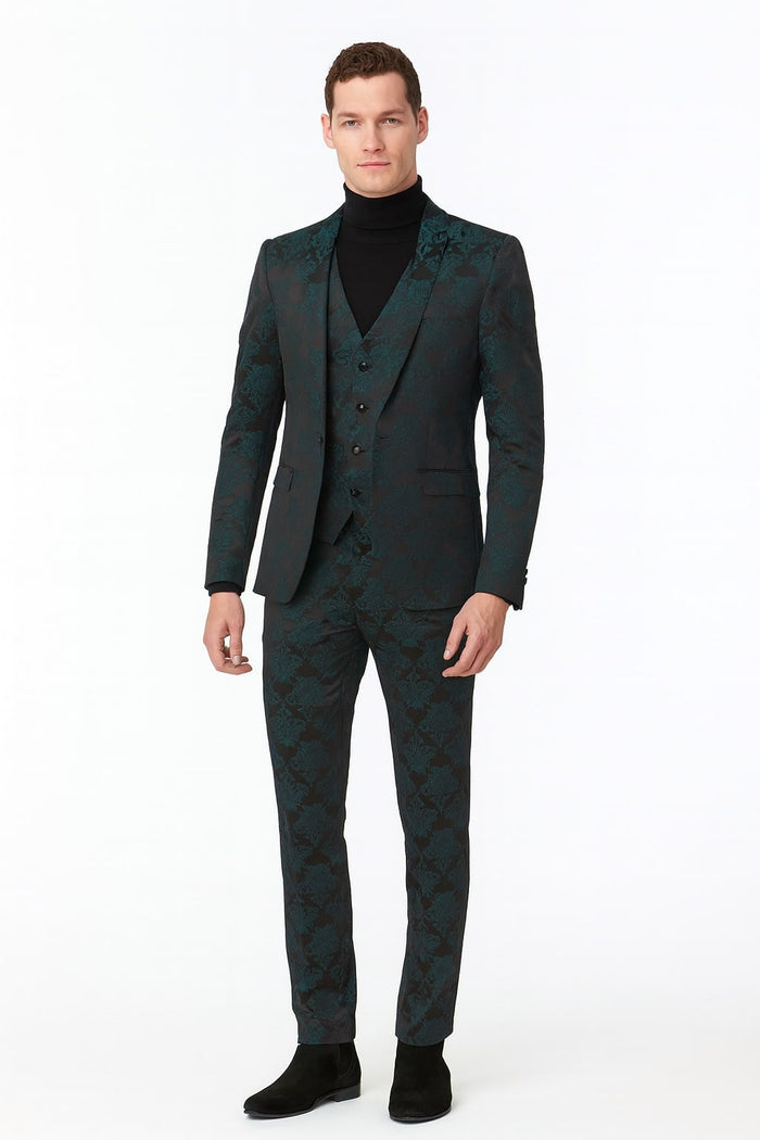 Men’s Emerald Green Floral Jacquard 3-Piece Tuxedo Suit - Slim Fit Formal Set with Blazer, Vest, and Pants Paisley Fabric - Ultra slim fitted by USA Men's Outlet
