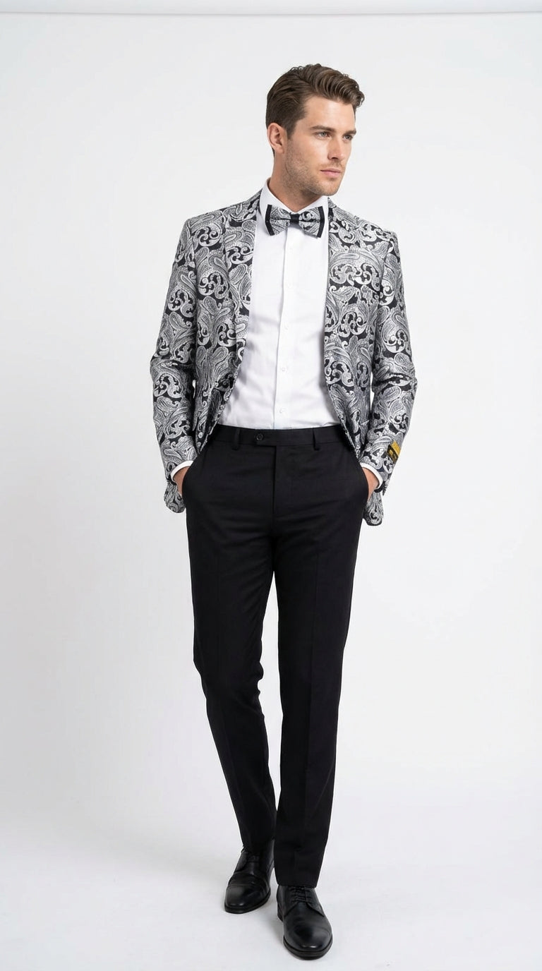 Men’s Silver and Black Paisley Prom Blazer Jacket | Printed Formal Evening Tuxedo Blazer + Free Matching Bow Tie