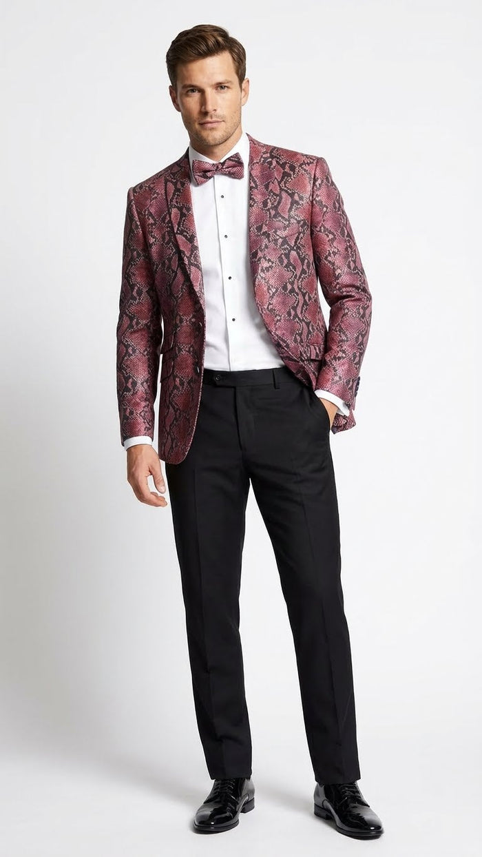 Men’s Burgundy and Black Snakeskin Print Blazer - Alligator Crocodile Sport Jacket Exotic Skin by USA Men's Outlet