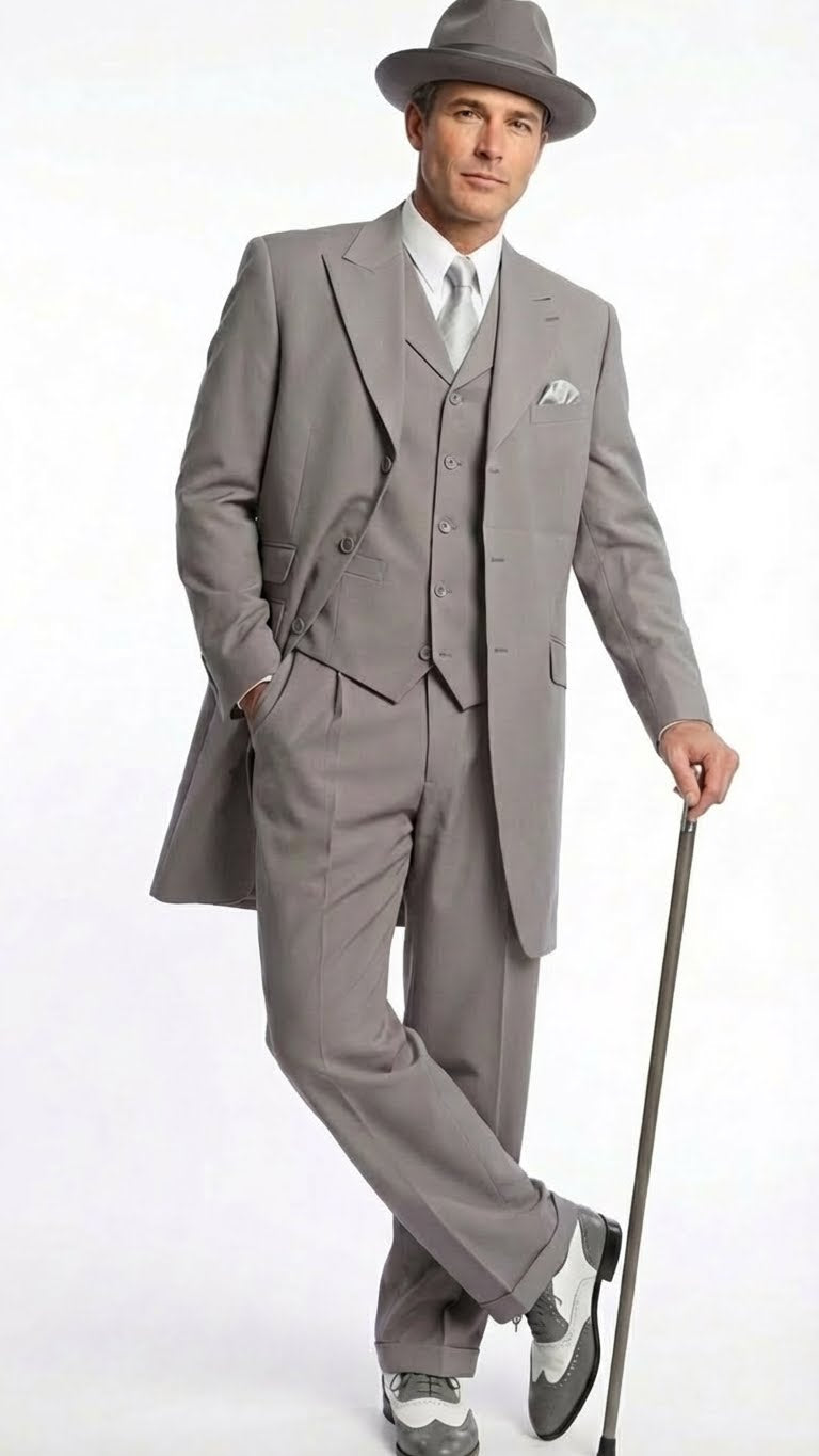 Men’s Gray Zoot Suit with Matching Hat and 1920s Shoes | Grey Vintage Wedding and Party Three Piece Suit – SuitUSA