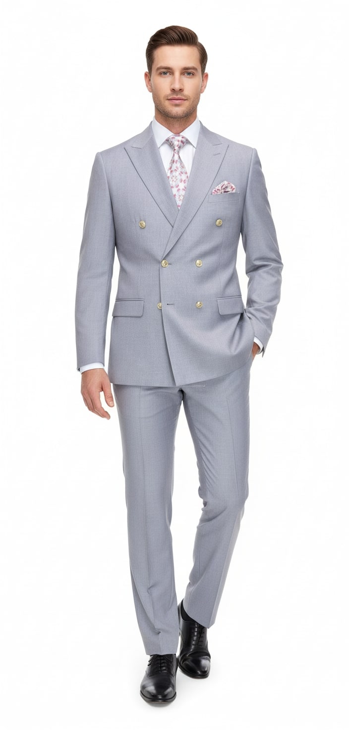 Mens Silver Grey Double-Breasted 3-Piece Suit – Classic Tailored Fit with Peak Lapel and Gold Buttons for Weddings, Church and Formal Events – SuitUSA