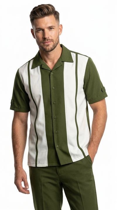 Men’s Olive Green and White Walking Suit – 2-Piece Short Sleeve Casual Leisure Outfit