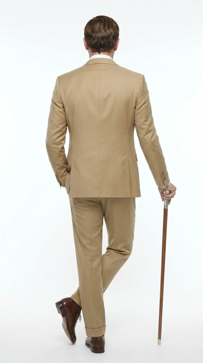 Men’s Khaki 3 Piece Suit with Patterned Vest, Great Gatsby Inspired Formal Suit for Weddings, Mardi Gra in Tan Camel Color