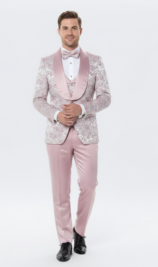 Men’s Light Pink Dusty Rose - Floral Tuxedo Suit - Luxury Satin Shawl Lapel 3-Piece Formal Wedding and Prom Suit in Blush Mauve color USA Men's Outlet
