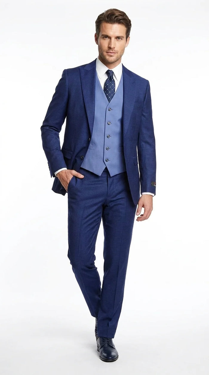 Vitali Men’s Navy Blue 3 Piece Suit with Light Blue Vest, Textured Formal Dress Suit for Weddings, Prom, Business Events, and Parties