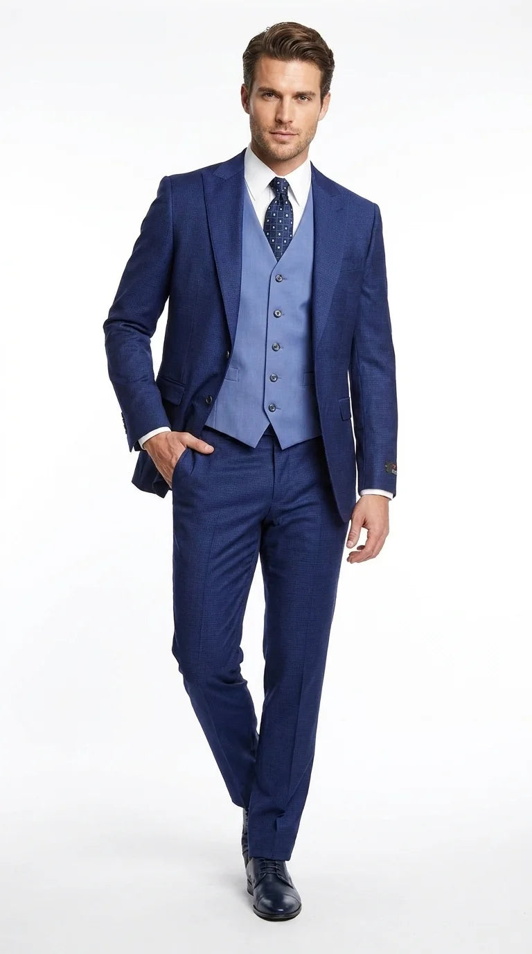 Vitali Men’s Navy Blue 3 Piece Suit with Light Blue Vest, Textured Formal Dress Suit for Weddings, Prom, Business Events, and Parties – SuitUSA
