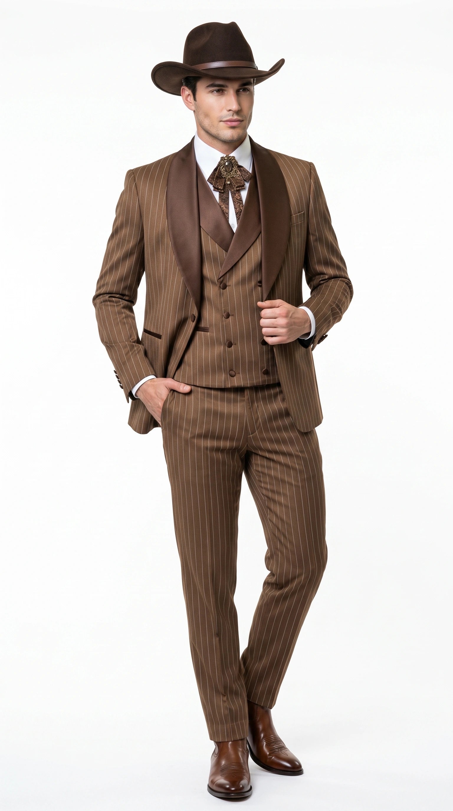 Men’s Brown Pinstripe Western Cowboy Tuxedo, Contrast Shawl Lapel Formal Suit for Weddings, Prom, Parties, and Special Occasions – SuitUSA