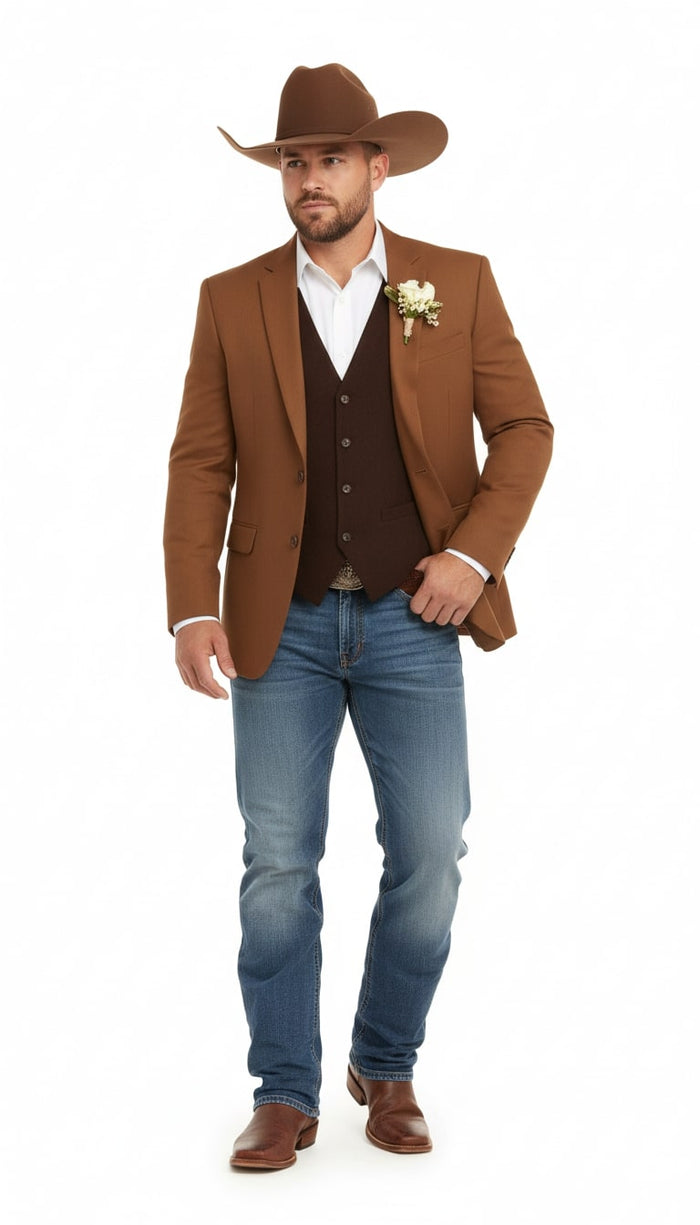 Saco Vaquero Mens Rust Copper Brown Western Blazer – Cowboy Style Classic Tailored Jacket for Weddings, Rodeos and Country Events