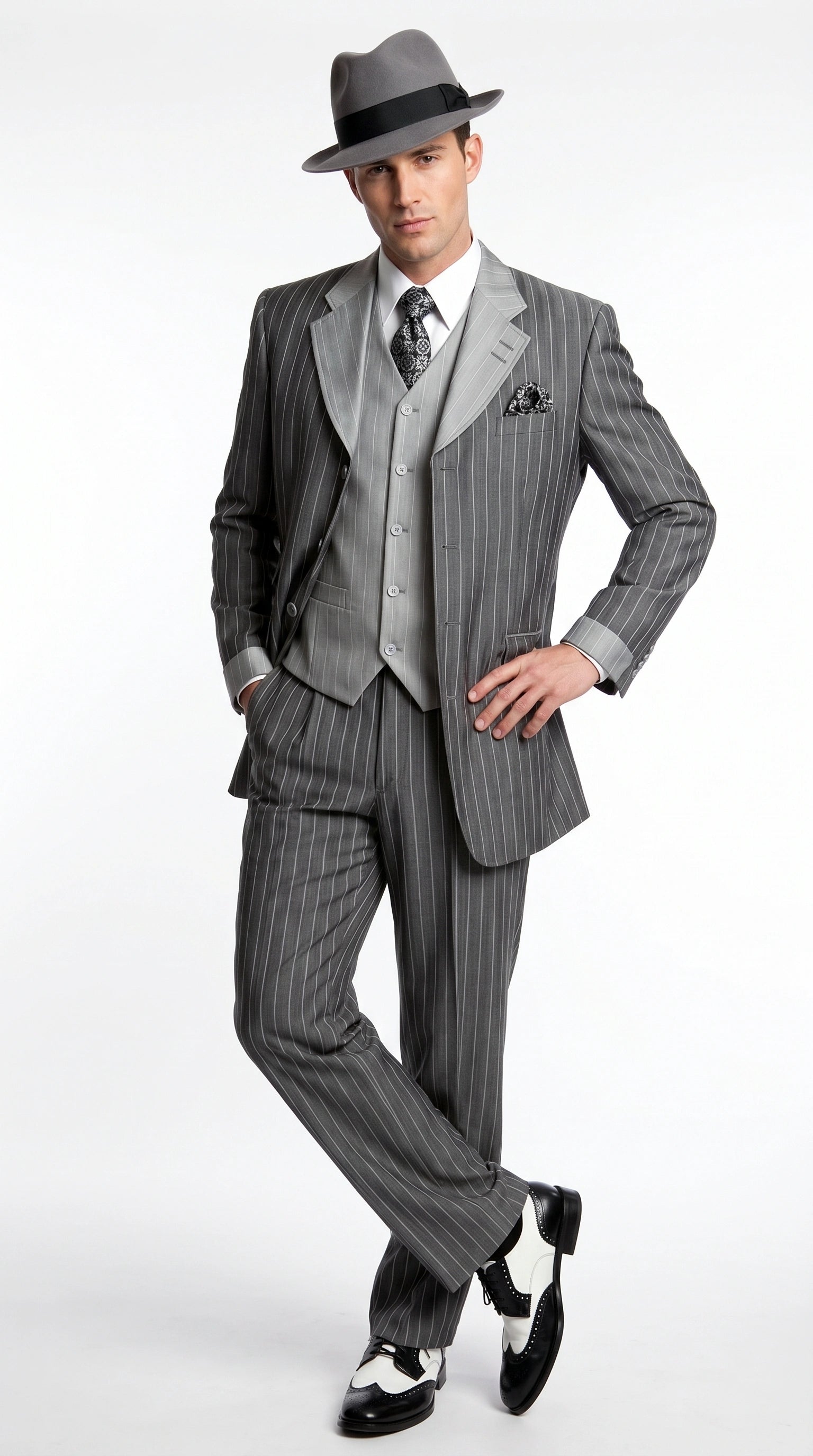 Men’s Grey Pinstripe 1920s Gangster 3 Piece Suit, Contrast Lapel Vintage Formal Suit for Parties, Prom, Weddings, and Theme Events