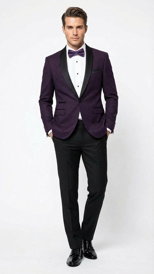 Men’s Eggplant Plum Purple Tuxedo Blazer with Satin Lapel, White Tuxedo Shirt and Matching Purple Bow Tie - Slim Fitted - Prom wedding Suit With Pants USA Men's Outlet