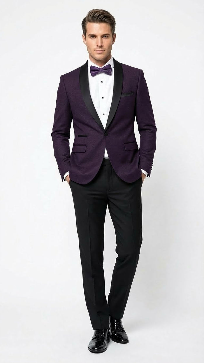 Men’s Eggplant Plum Purple Tuxedo Blazer with Satin Lapel, White Tuxedo Shirt and Matching Purple Bow Tie - Slim Fitted - Prom wedding Suit With Pants USA Men's Outlet