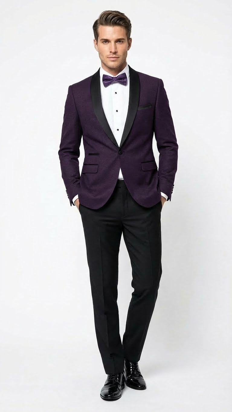 Men’s Eggplant Plum Purple Tuxedo Blazer with Satin Lapel, White Tuxedo Shirt and Matching Purple Bow Tie - Slim Fitted - Prom wedding Suit With Pants USA Men's Outlet