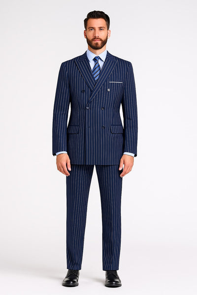 Mens Royal Blue Pinstripe Double-Breasted Suit – 6-Button Classic Vintage Gangster Style in Indigo Cobalt Blue  Pinstripe Color