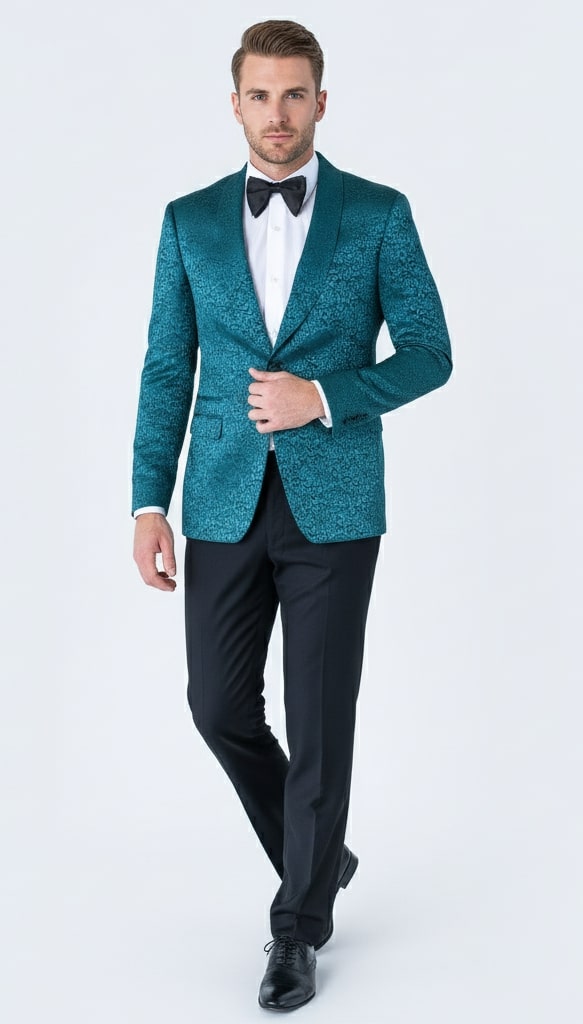 Mens Teal Blue Paisley Tuxedo Jacket - Elegant Shawl Lapel Dinner Blazer for Weddings, Prom and Formal Events - Greenish Blue | USA Men's Outlet
