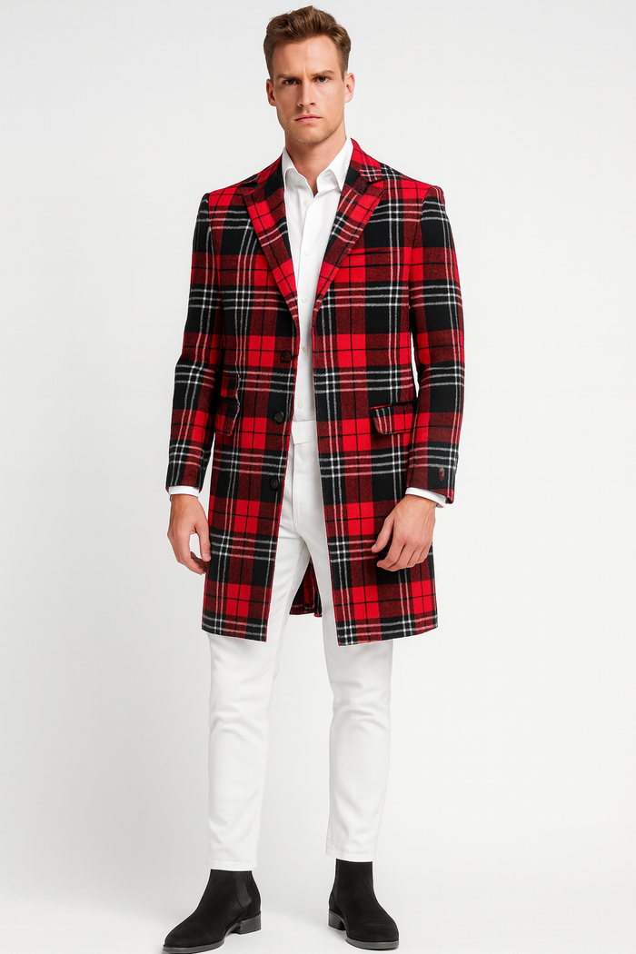 Men’s Red Plaid Wool Overcoat - Classic Tartan Check Long Coat for Stylish Winter Wear by USA Men's Outlet