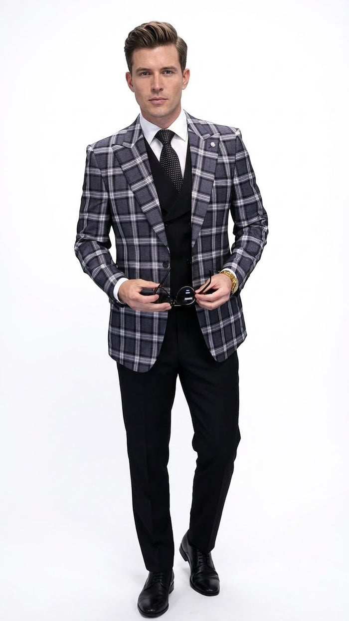 Men’s Big and Tall Charcoal Gray and Black Plaid Blazer - Grey Checker Windowpane Sport Coat by USA Men's Outlet