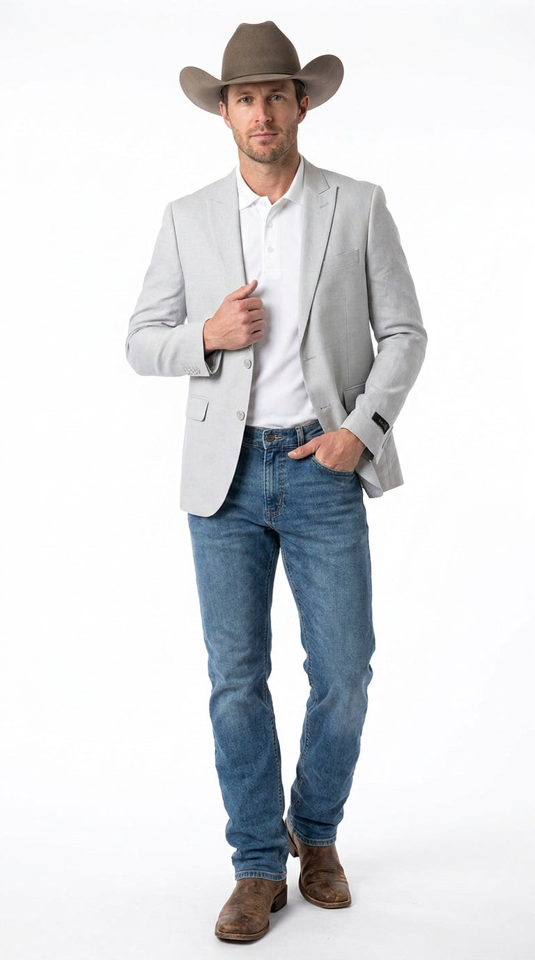 Men’s Very Light Grey - Linen Western Cowboy Blazer, Formal Sport Coat for Weddings, Parties, Country Events, and Casual Dress Wear in Ice Ash Color – SuitUSA