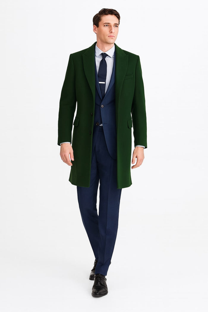 Mens Dark Green Wool Overcoat - Classic Long Coat for Formal and Casual Style by USA Men's Outlet